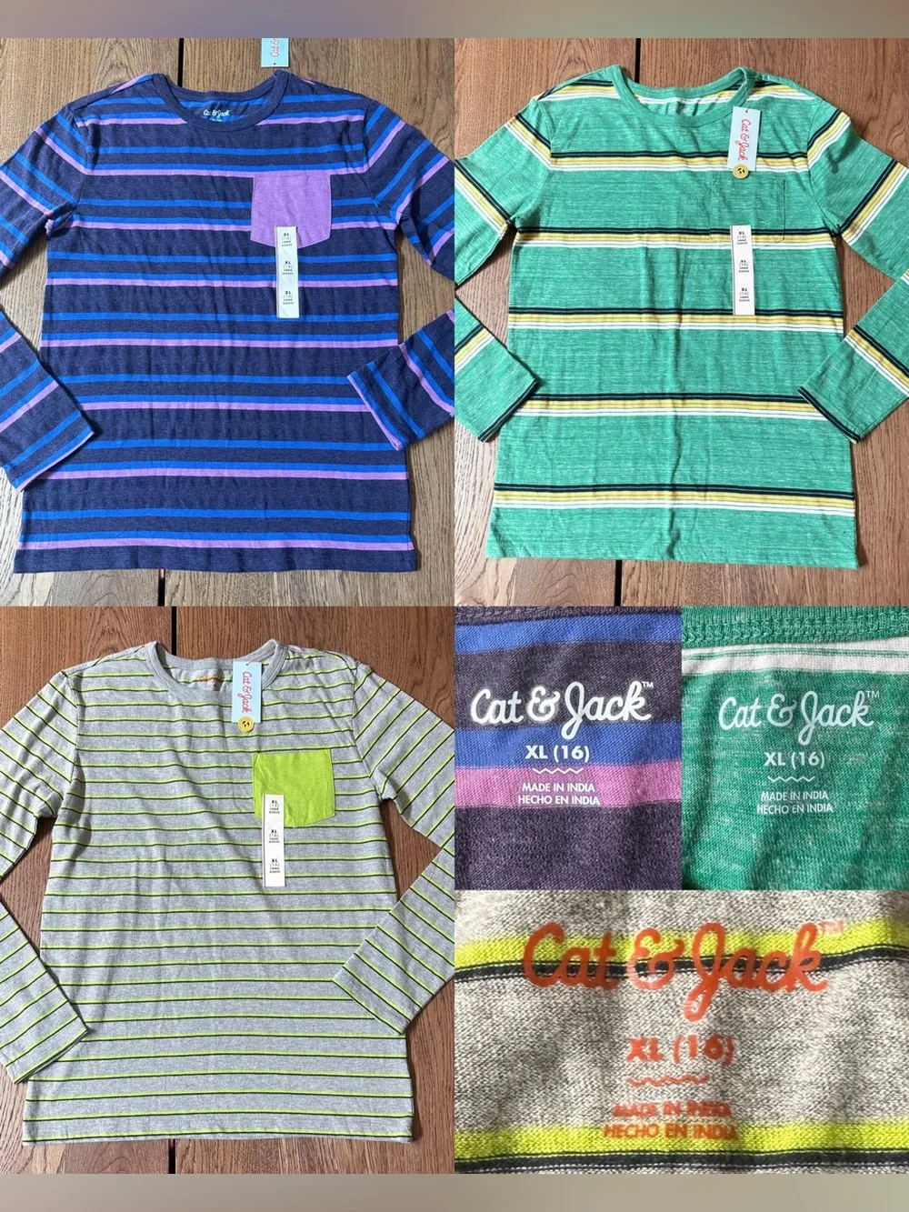 🔥3 FOR $25🔥 Cat & Jack BUNDLE OF 3 Striped Tees Long Sleeve Size X-LARGE (16)